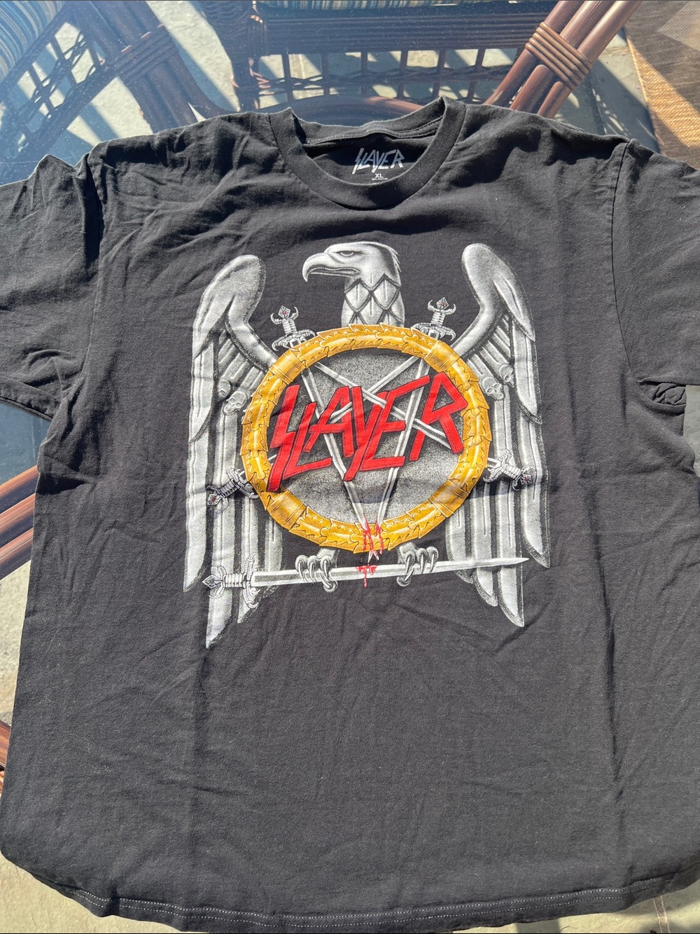 Slayer Men’s XL Black Graphic Tee with Red Logo and Gold Accent